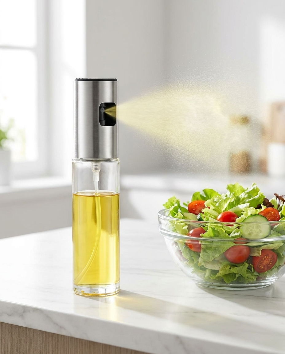 Oil sprayer misting oil onto a fresh salad on a marble kitchen counter