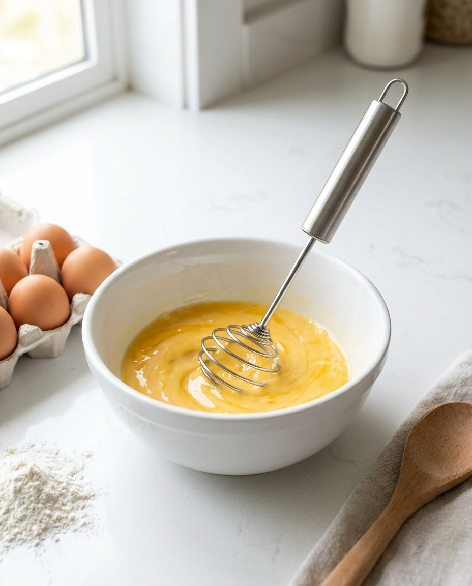 Self-turning whisk beating eggs in a white bowl in a bright kitchen