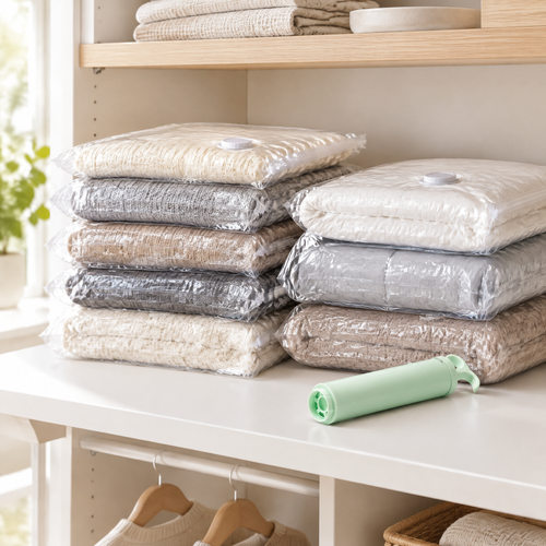 Compressed vacuum storage bags with hand pump on a closet shelf