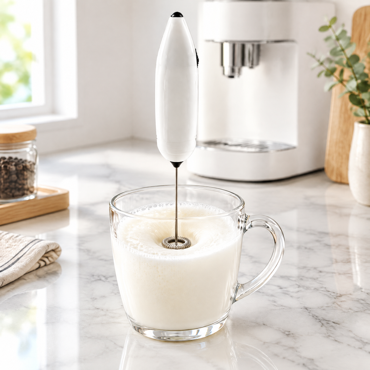 Handheld milk frother frothing milk in a glass mug on a marble counter