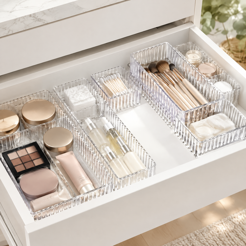 Clear drawer organizers holding makeup and skincare in a vanity drawer