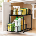 Black 2-tier pull-out organizer holding cleaning supplies under a kitchen sink